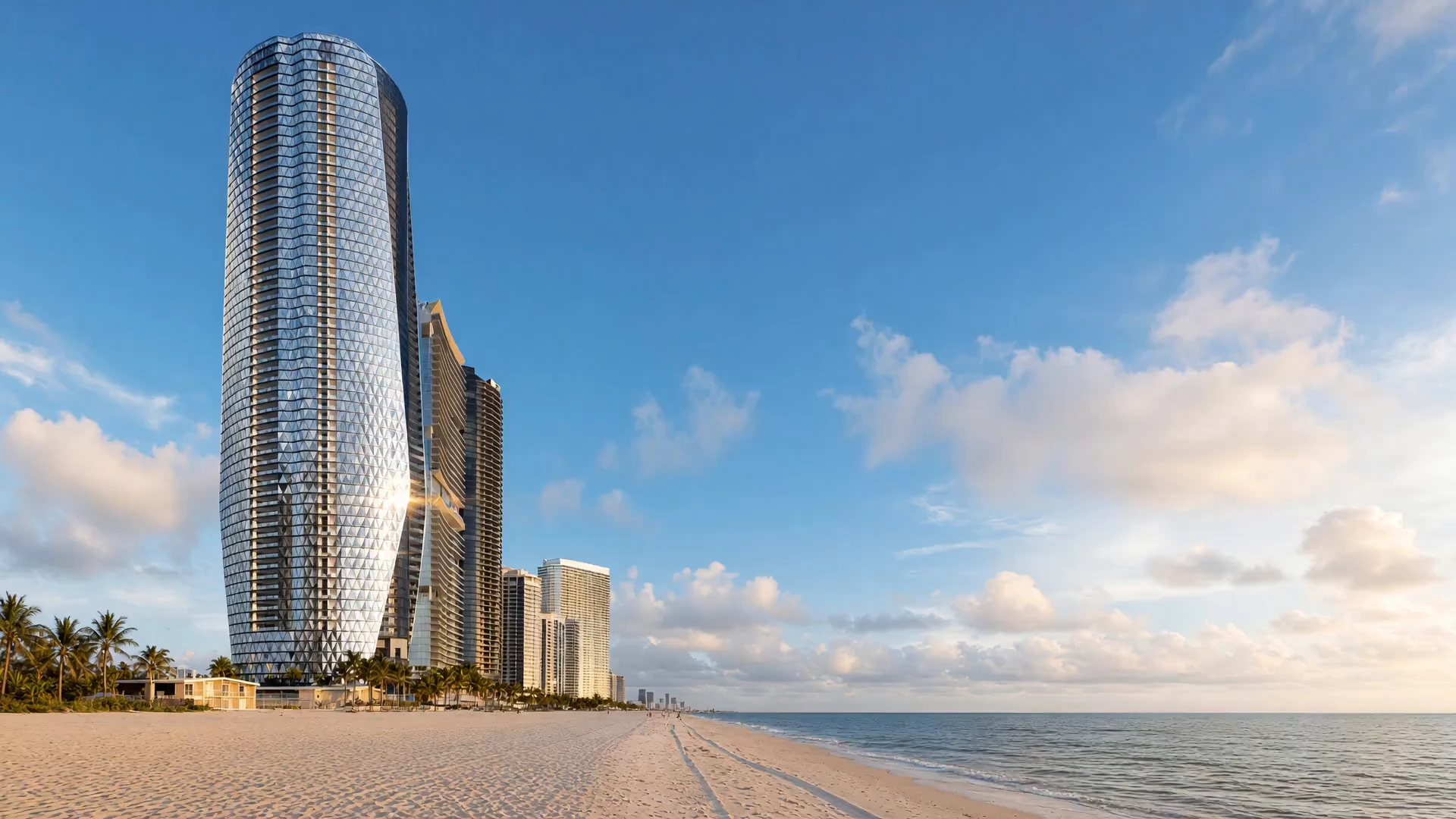 Render derived from developer materials of a twisted diamond-grid glass tower on an empty Miami beach at golden hour — no people, no marks.
