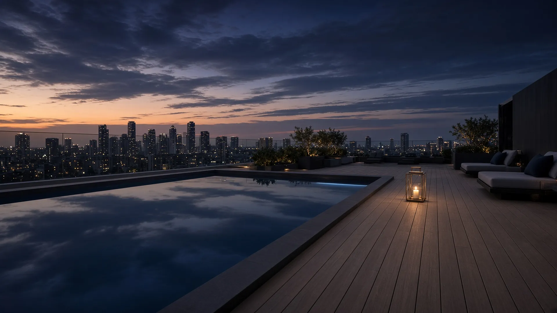 Residencia terminada con alberca quieta al atardecer, sin personas.
